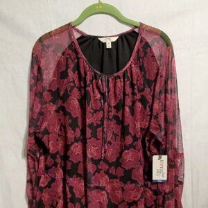 Terra & Sky Womens Mesh Tierred PO Top-Bold Roses/Berry Wine-1X-NWT (WC112)